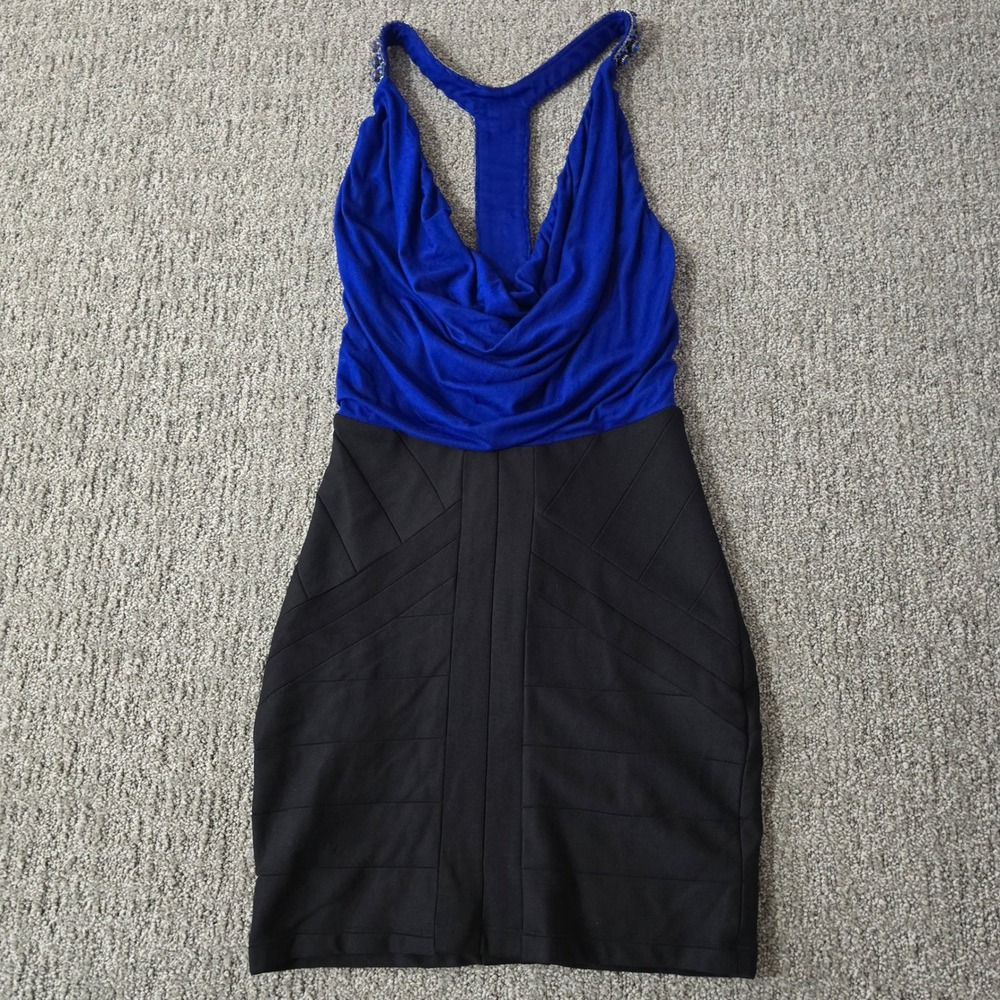 Sky Blue Black Beaded Bodycon Dress Womens S Mini‎ Party Cocktail Club Sexy